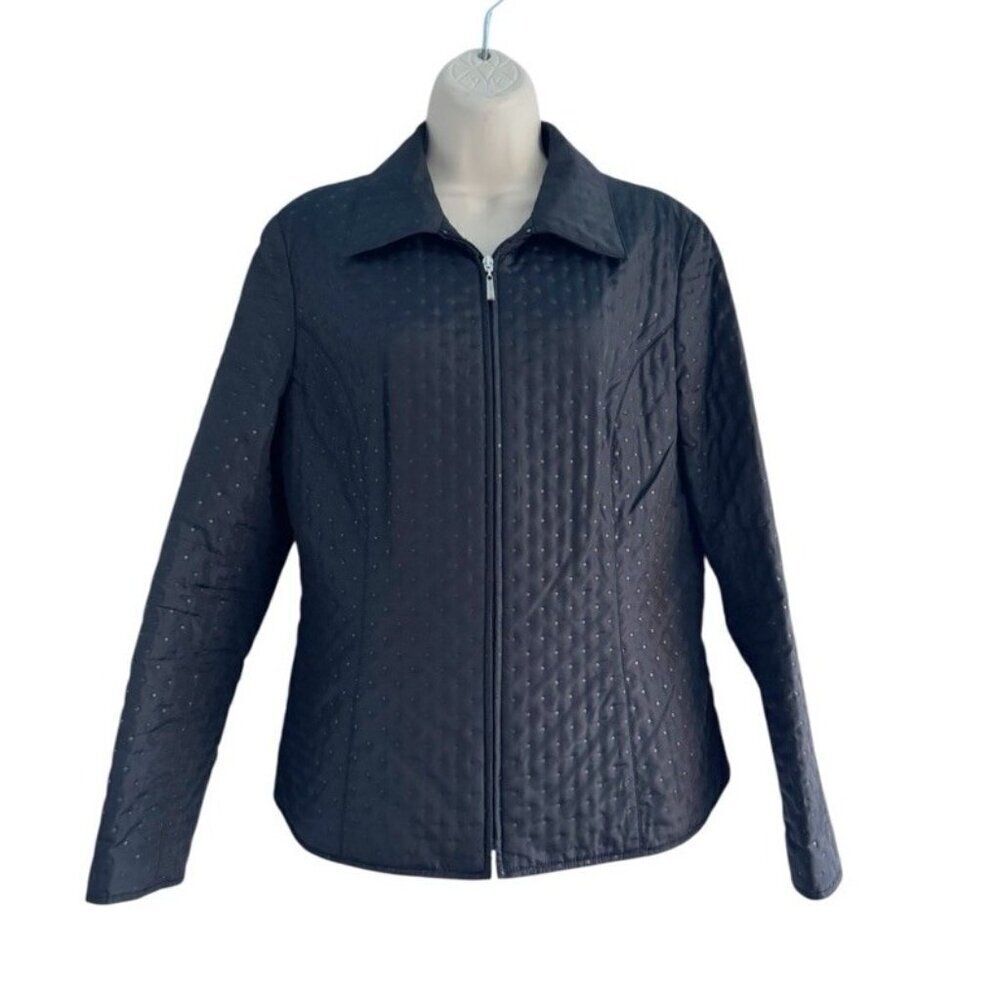 VTG Talbots Woman's Sz 10 Black Textured Polka Dots Zip Up Jacket
